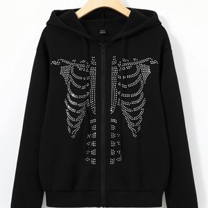 Rhinestone Skeleton Pattern Zip Up Drawstring Thermal Hoodie